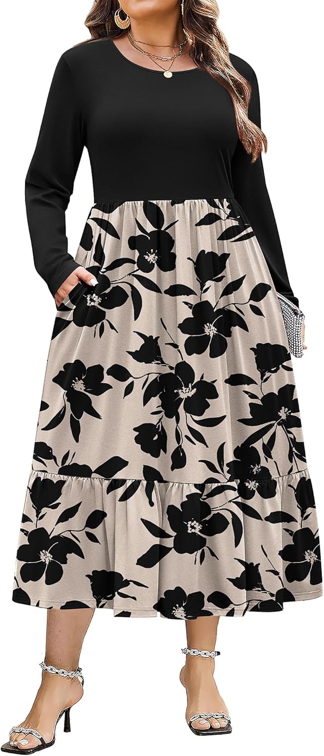 Plus Size Long Sleeve Dress with Pockets for Women Casual Wear