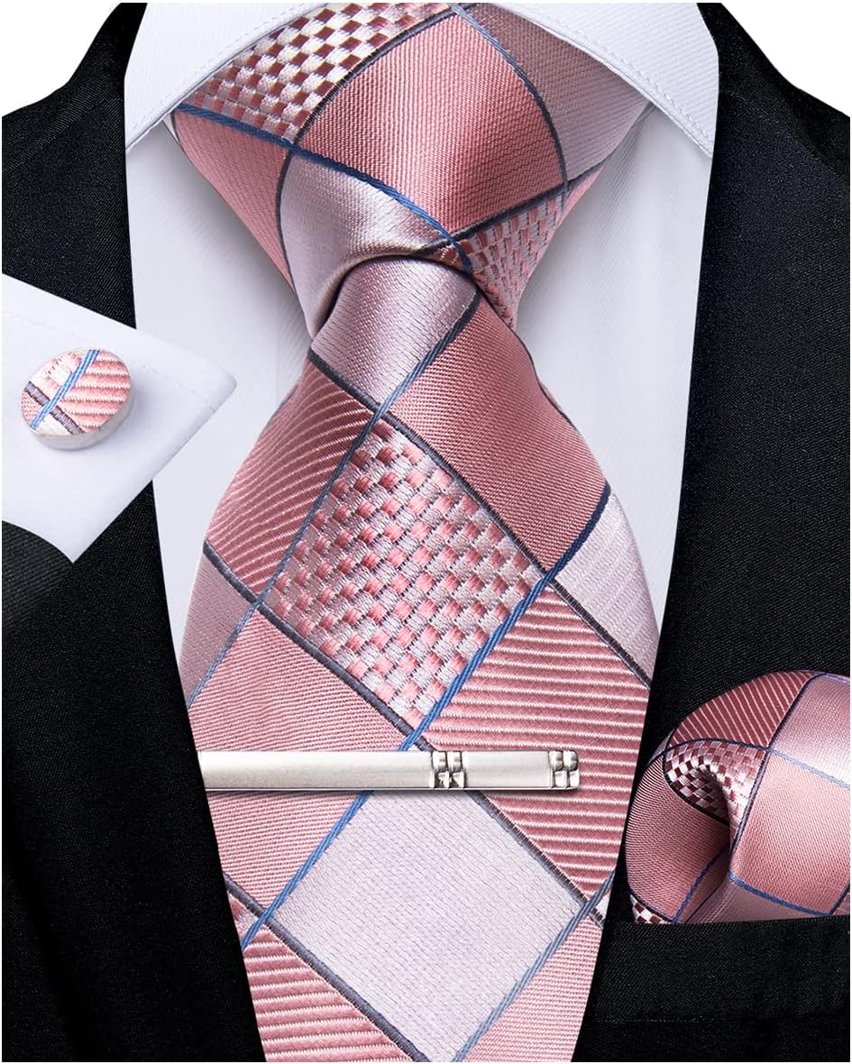 Silk Checkered Necktie and Pocket Square Set for Men Gift