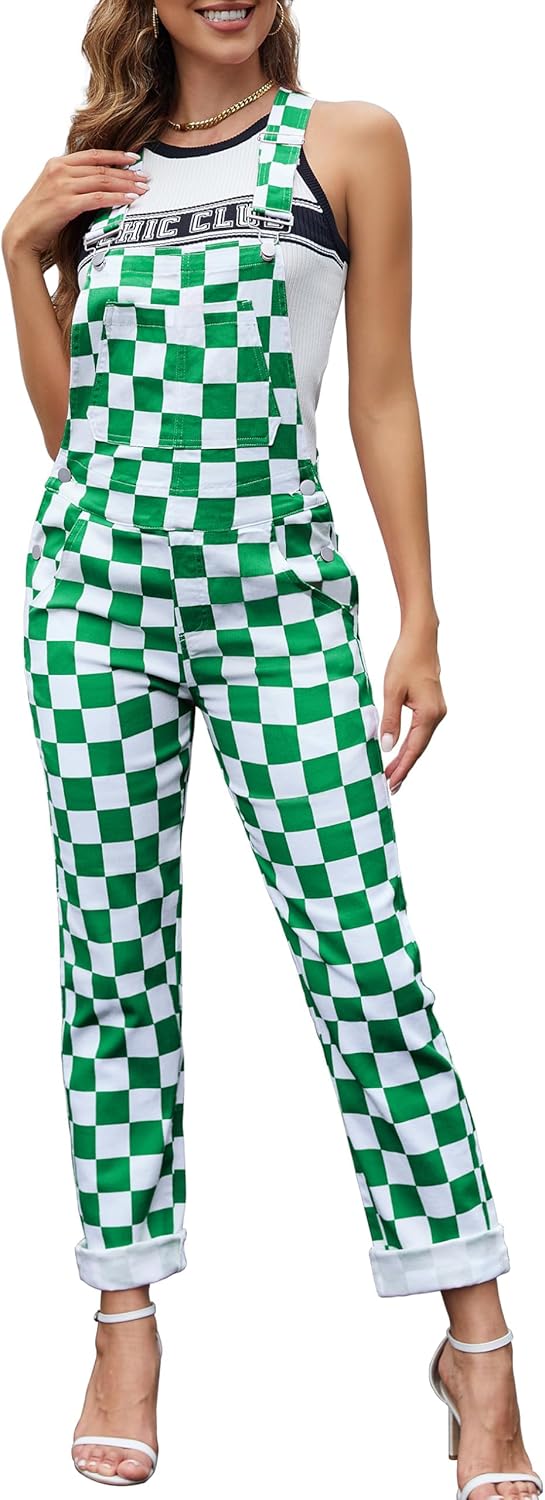 Checkered Pants Womens Overalls Cute Stretch Jeans Jumpsuit