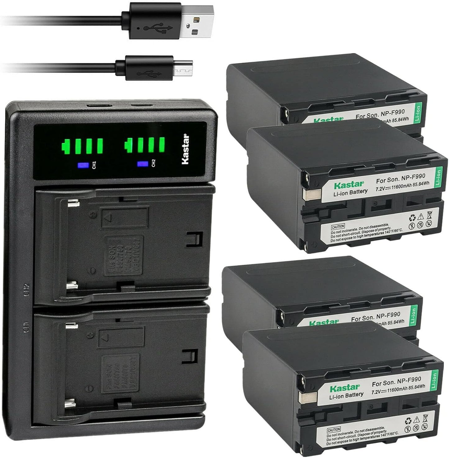 Kastar NP-F990 Battery 4-Pack with Dual USB Charger for Sony