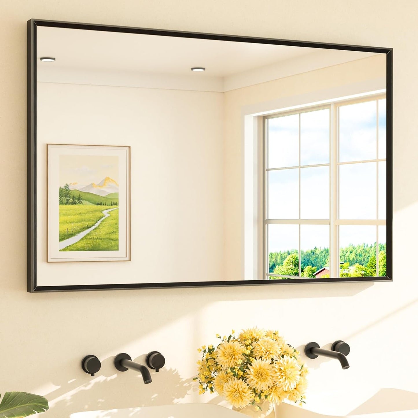 TETOTE Black Bathroom Vanity Mirror with Beveled Frame 48 x 30 in