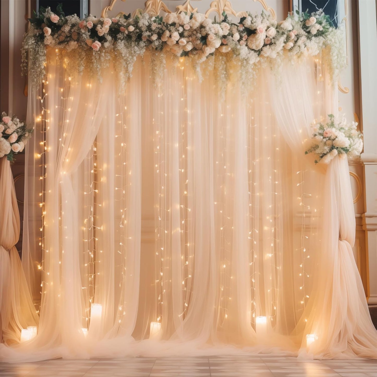 3010ft Champagne Tulle Backdrop Curtain with Lights for Events