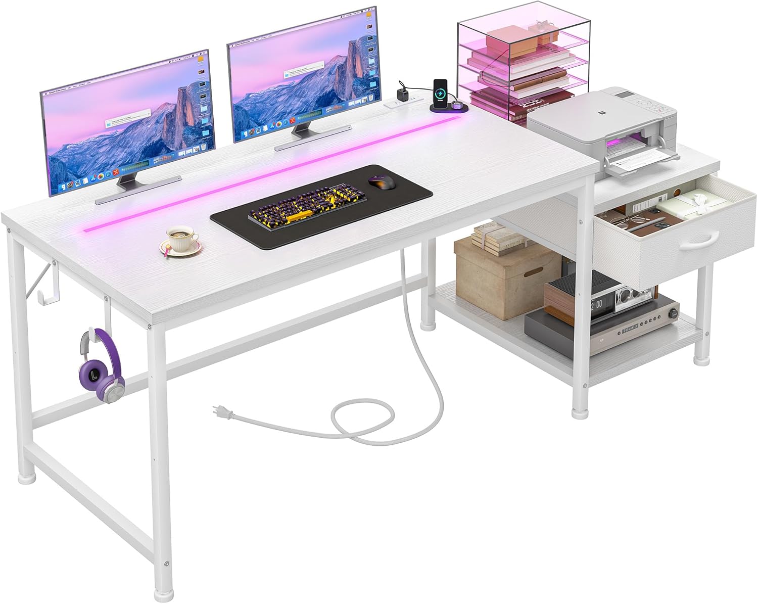 56 Inch White Desk with Drawers & LED Lights for Home Office