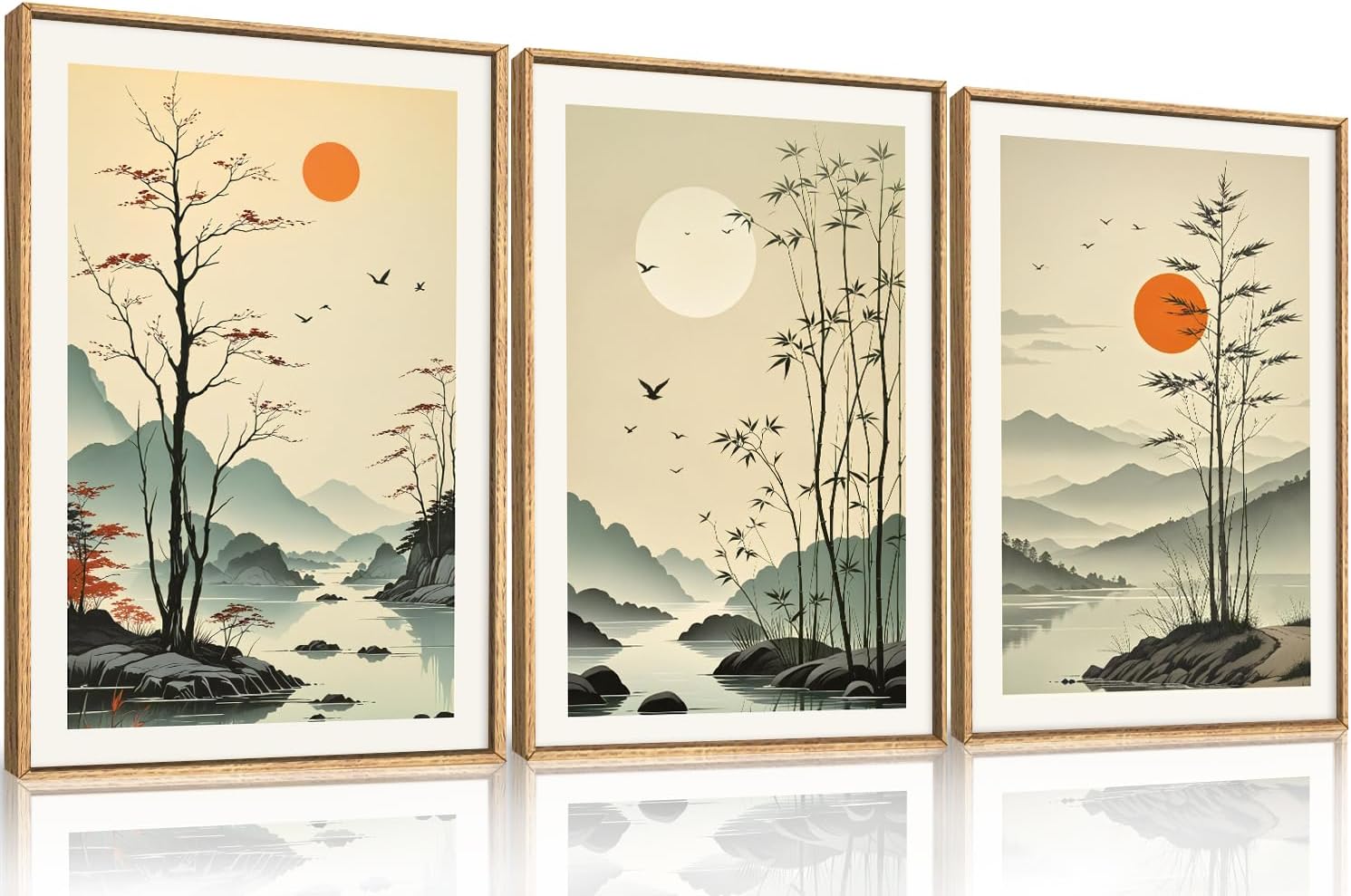 Chinoiserie Bamboo Forest Framed Canvas Wall Art Set for Home