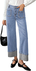 Women's High Waisted Wide Leg Denim Pants with Stretchy Cuffs