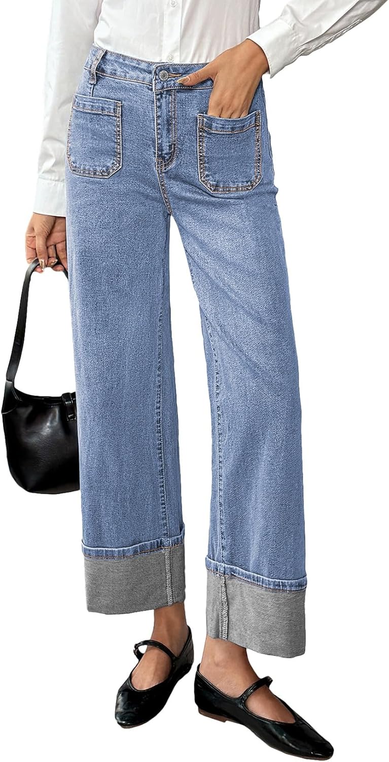 High Waisted Stretchy Cuffed Wide Leg Denim Pants for Women