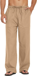 Mens Casual Linen Pants Elastic Waist Drawstring Summer Beach Yoga