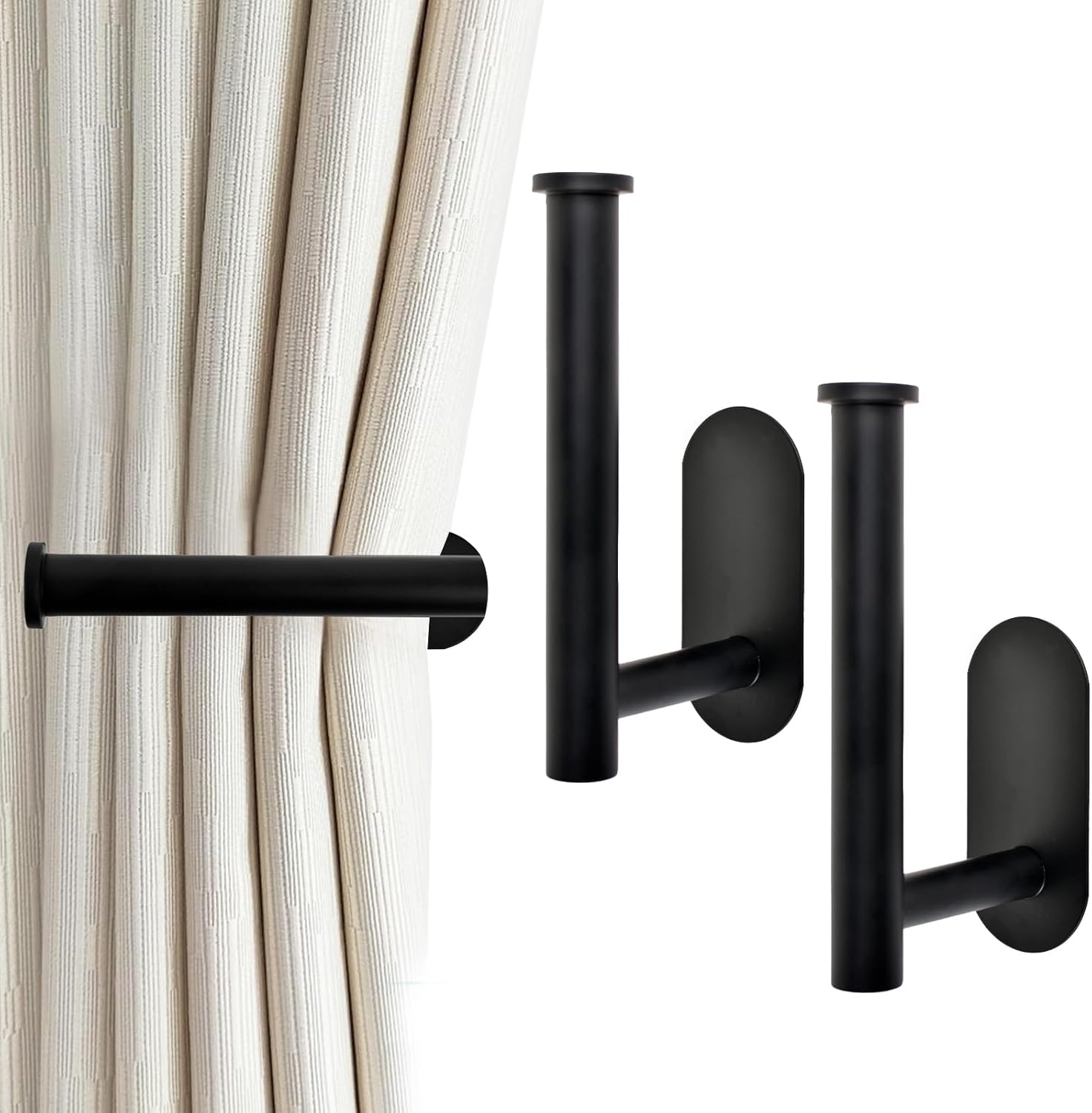 Black Metal Curtain Hooks: No Drill Holdbacks x2