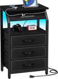 End Table with 3 Drawers Nightstand - Charging Station & LED Lights