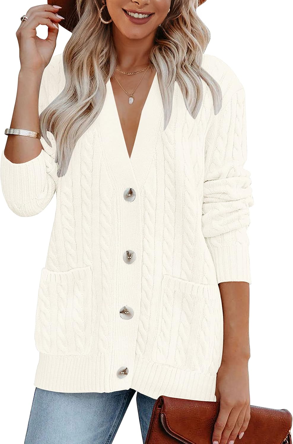 MEROKEETY Women's Chunky Button Up Cable Knit Cardigan Sweater