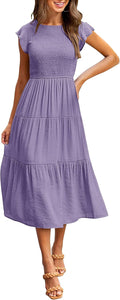 Women's Flutter Short Sleeve Smocked Midi Dress - Flattering Tiered