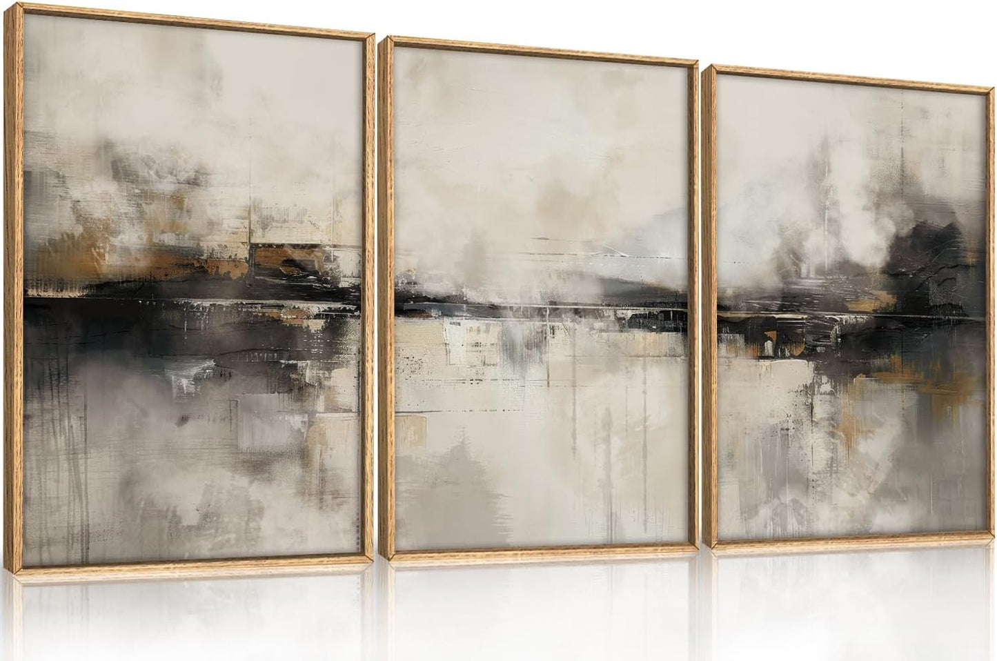 Large Neutral Black Brown Framed Canvas Wall Art Set for Home