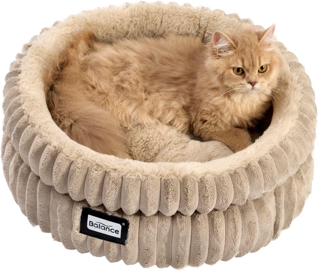 Cozy Round Cat Bed for Indoor Cats - Soft Plush Faux Fur