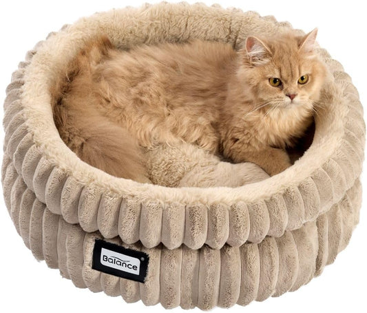 Cozy Round Cat Bed for Indoor Cats - Soft Plush Faux Fur