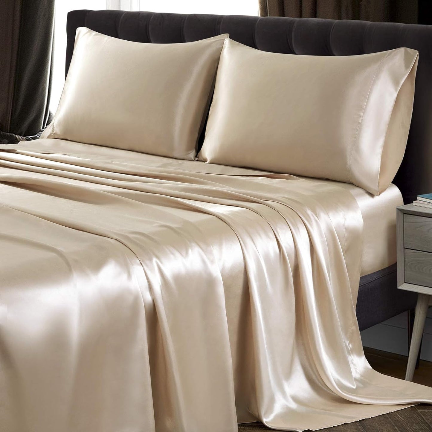 SiinvdaBZX Extra Deep Pocket Satin Sheet Set for Queen Beds