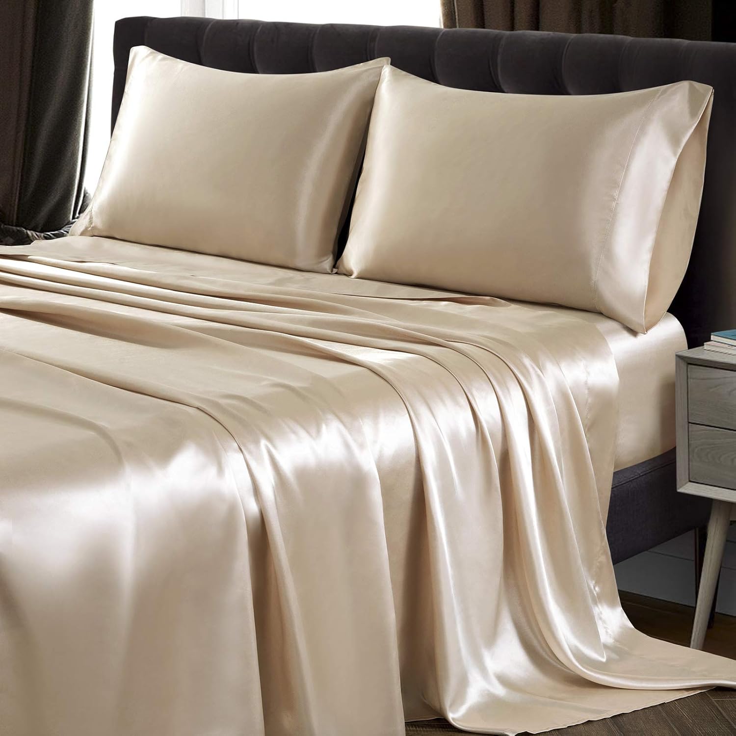SiinvdaBZX Extra Deep Pocket Satin Sheet Set for Queen Beds