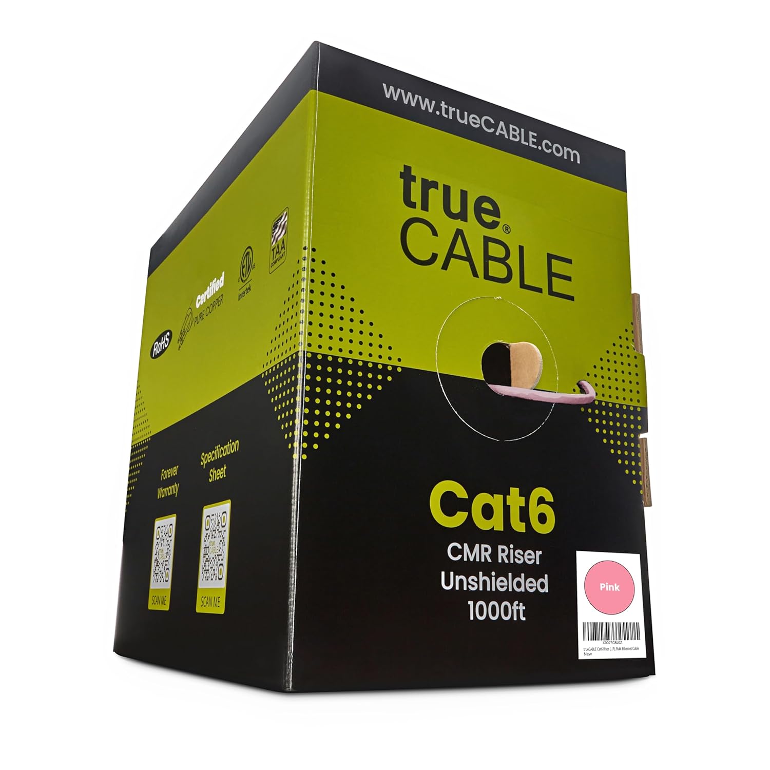 trueCABLE Cat6 Riser 1000ft Pink Ethernet Cable for High Speed