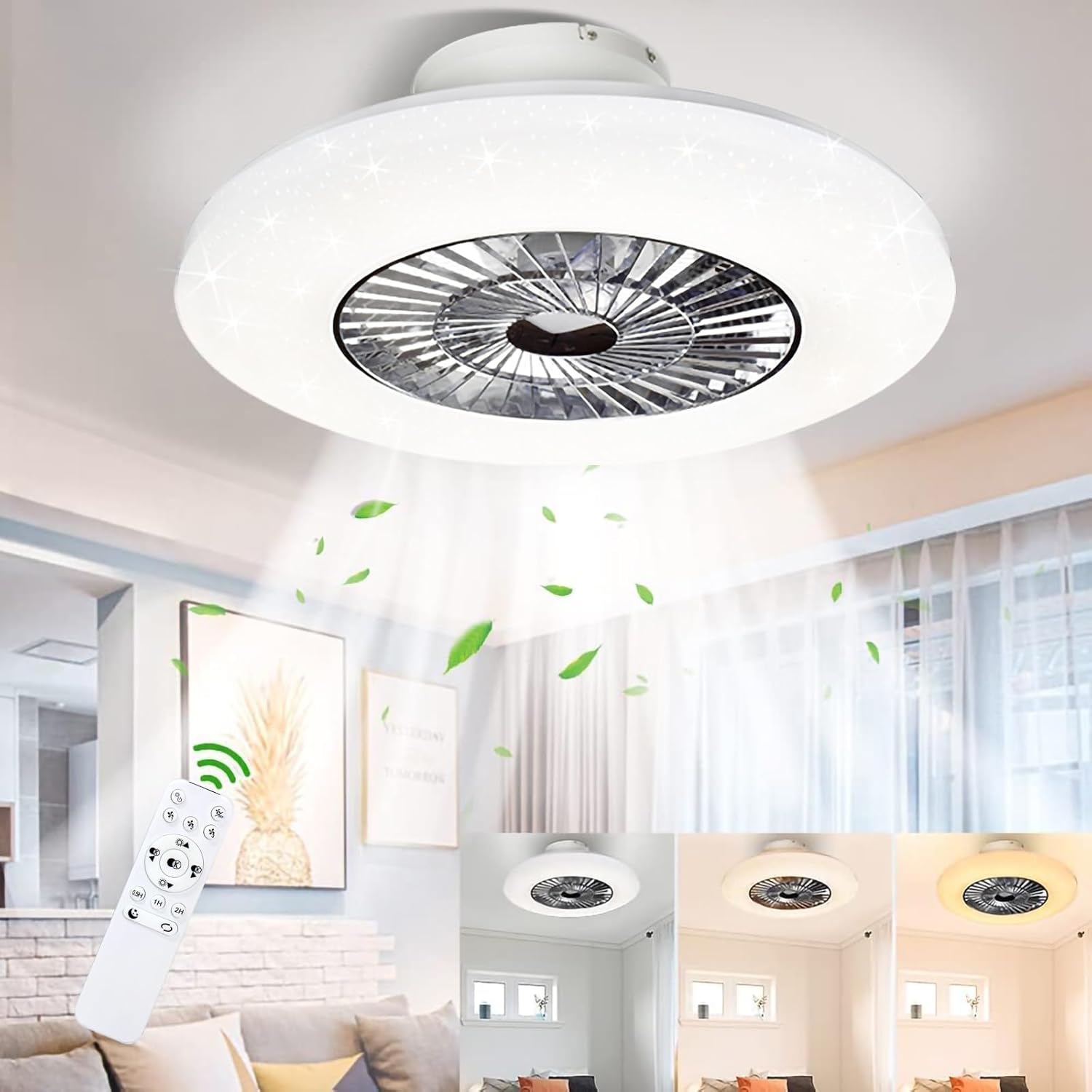 DIMMABLE Modern Ceiling Fan-Light Kit, 7 Blade, 23 Flush Mount, Remote Control, 3 Colors, Timer