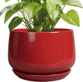 Ceramic Plant Pot 9 in Red Round Planter - Modern Drainage Design