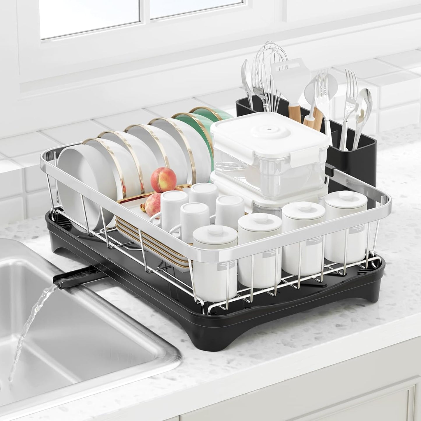 Dish Drying Rack 304 Stainless Steel with Auto-Draining Design