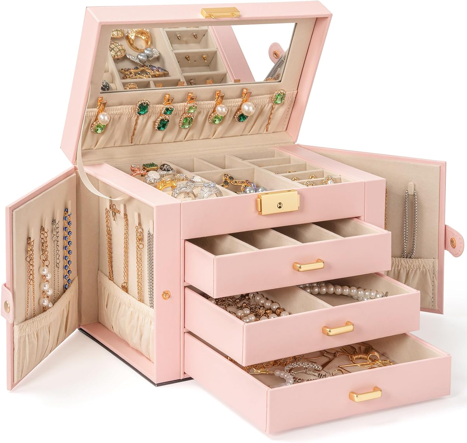 AKOZLIN Large 4-Tier Jewelry Box with Lockable Drawers in Pink