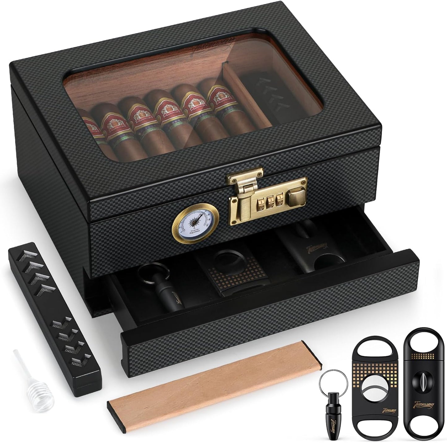 Cedar Wood Cigar Humidor with Glass Top and Accessories Drawer