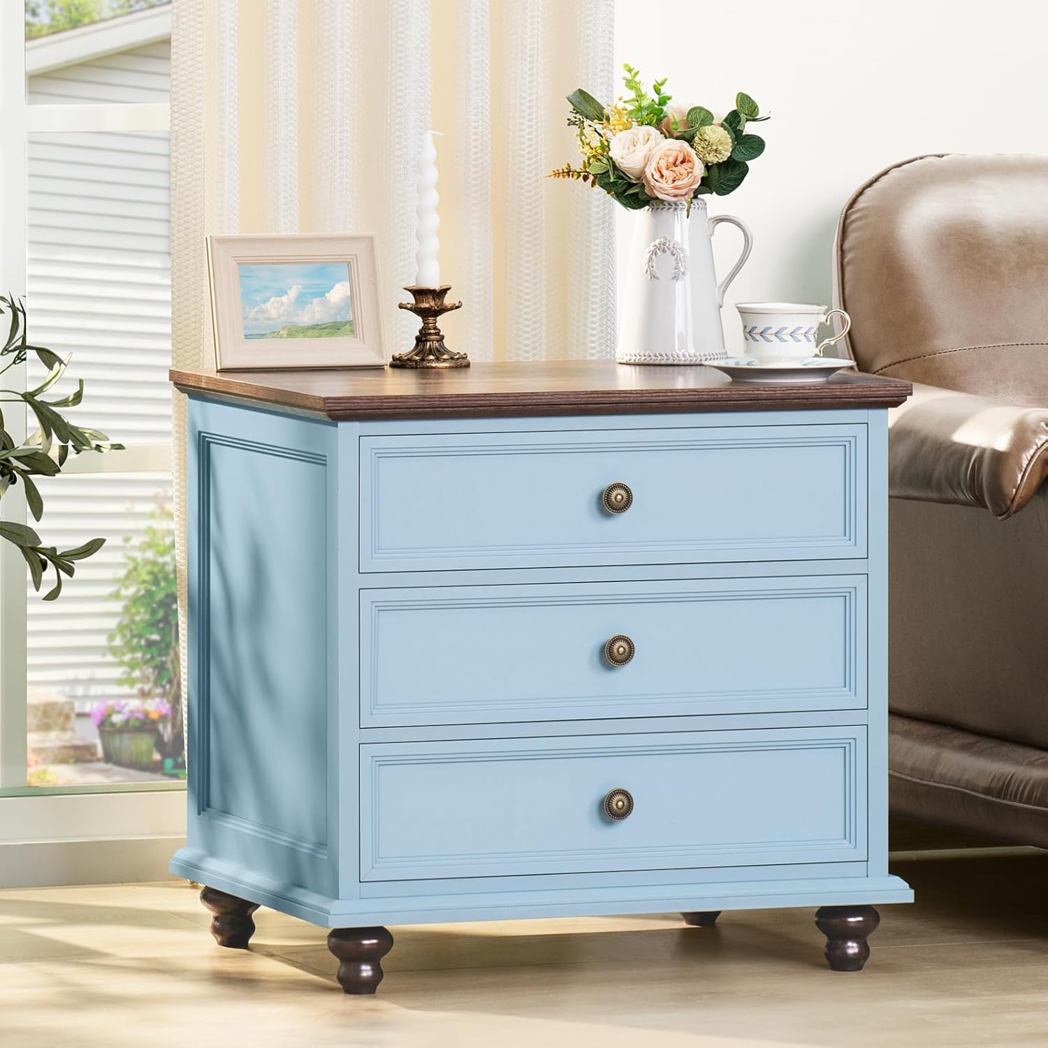 Farmhouse Night Stand with 3 Drawers for Bedroom & Living Room