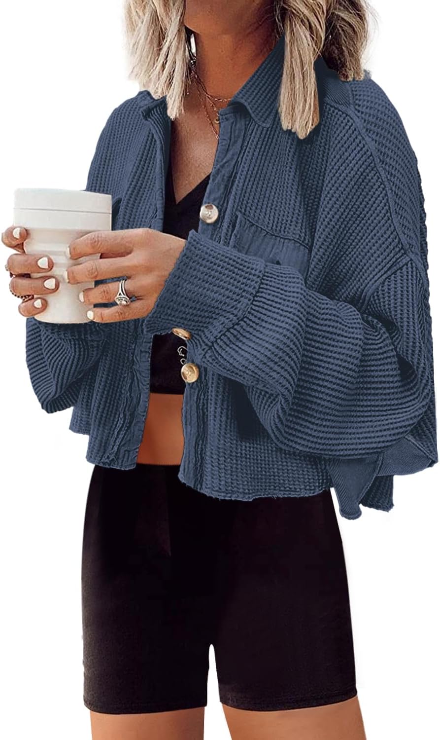 Cropped Waffle Knit Shacket for Women - Stylish and Comfy