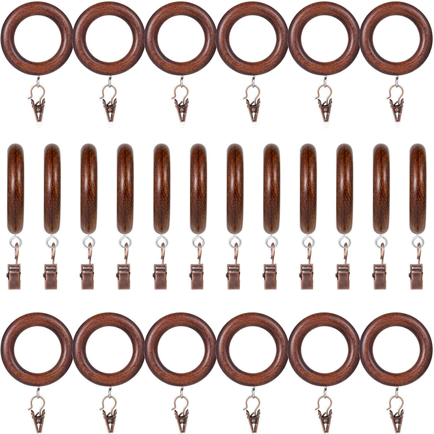 Rustic Beech Wood Curtain Rings - Set of 24 - Strong Clips - 1.8 Diameter