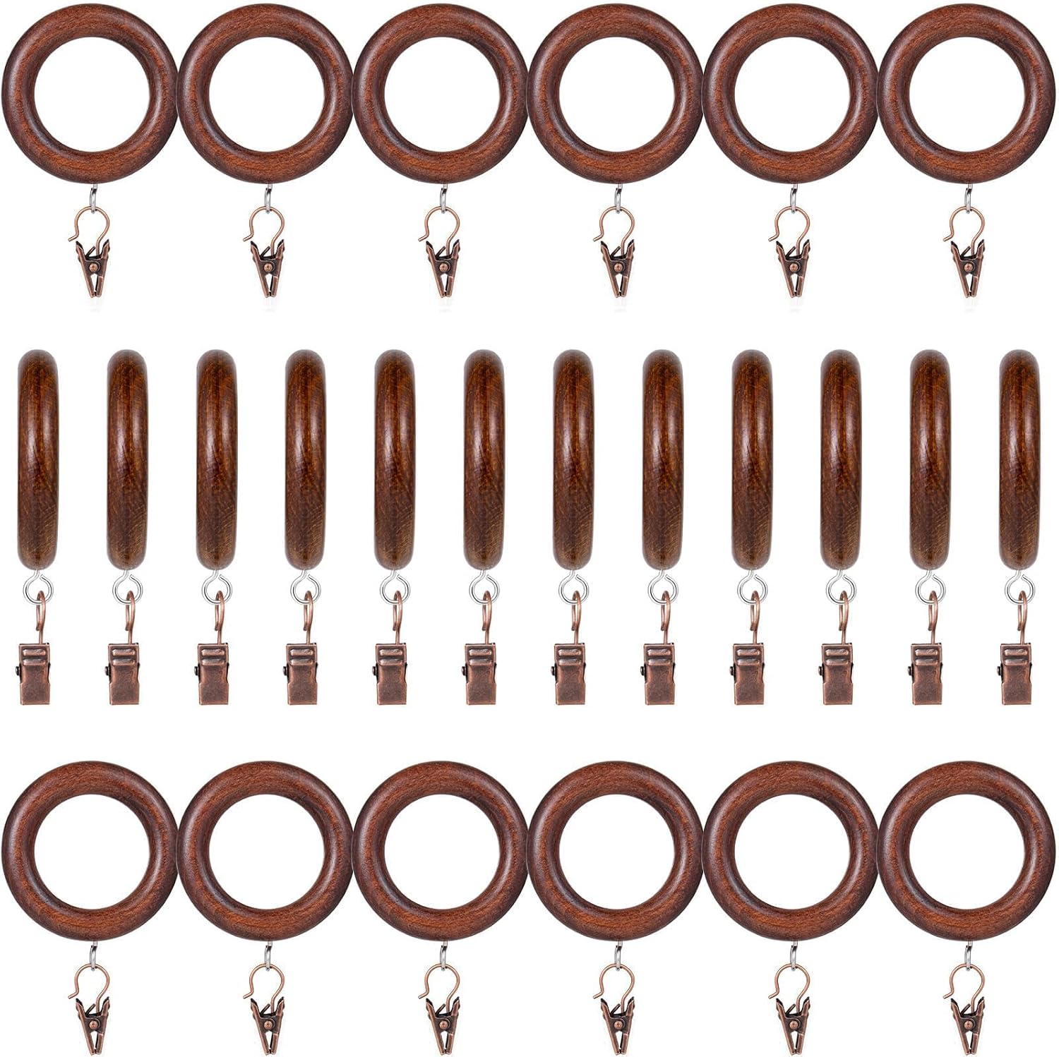 Rustic Beech Wood Curtain Rings - Set of 24 - Strong Clips - 1.8 Diameter
