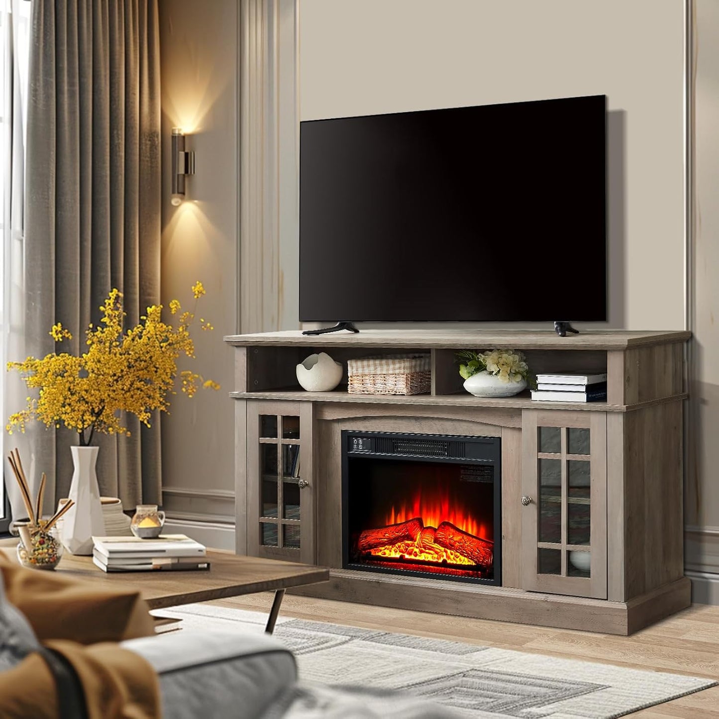 Modern Gray Wash TV Stand with Electric Fireplace