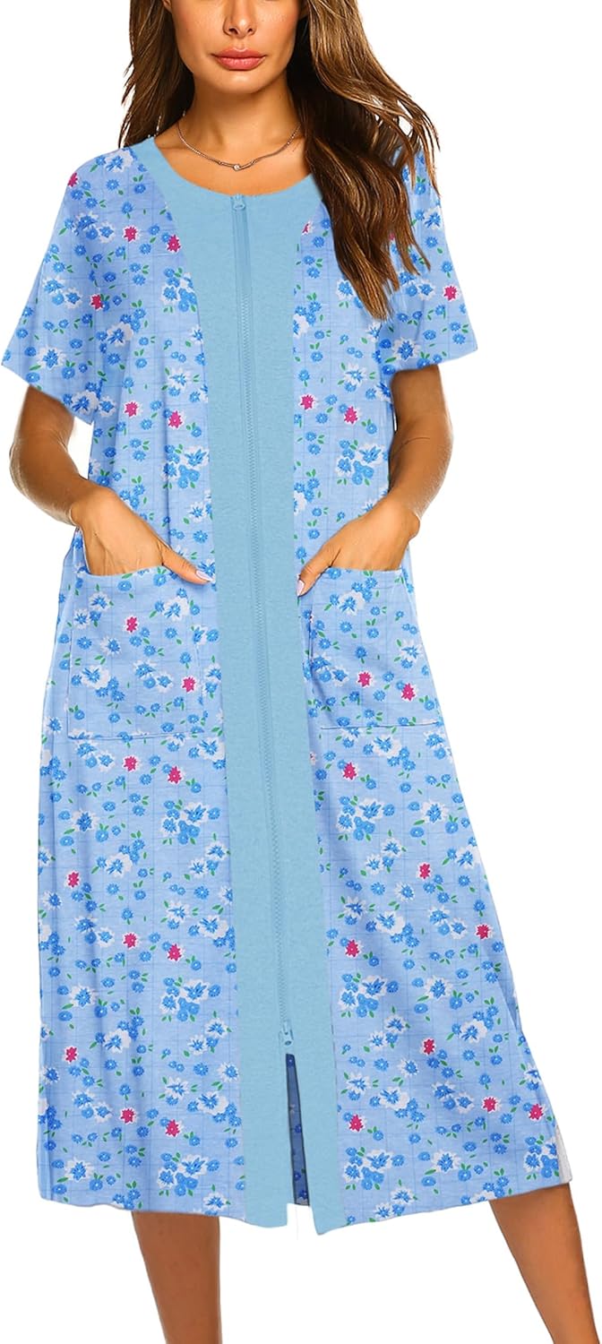 Ekouaer Short Sleeve Zipper Front Bathrobe for Women with Pockets