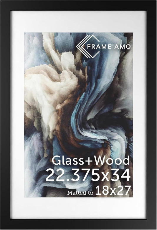 Black Solid Wood Poster Frame with White Mat for 18x27 Images