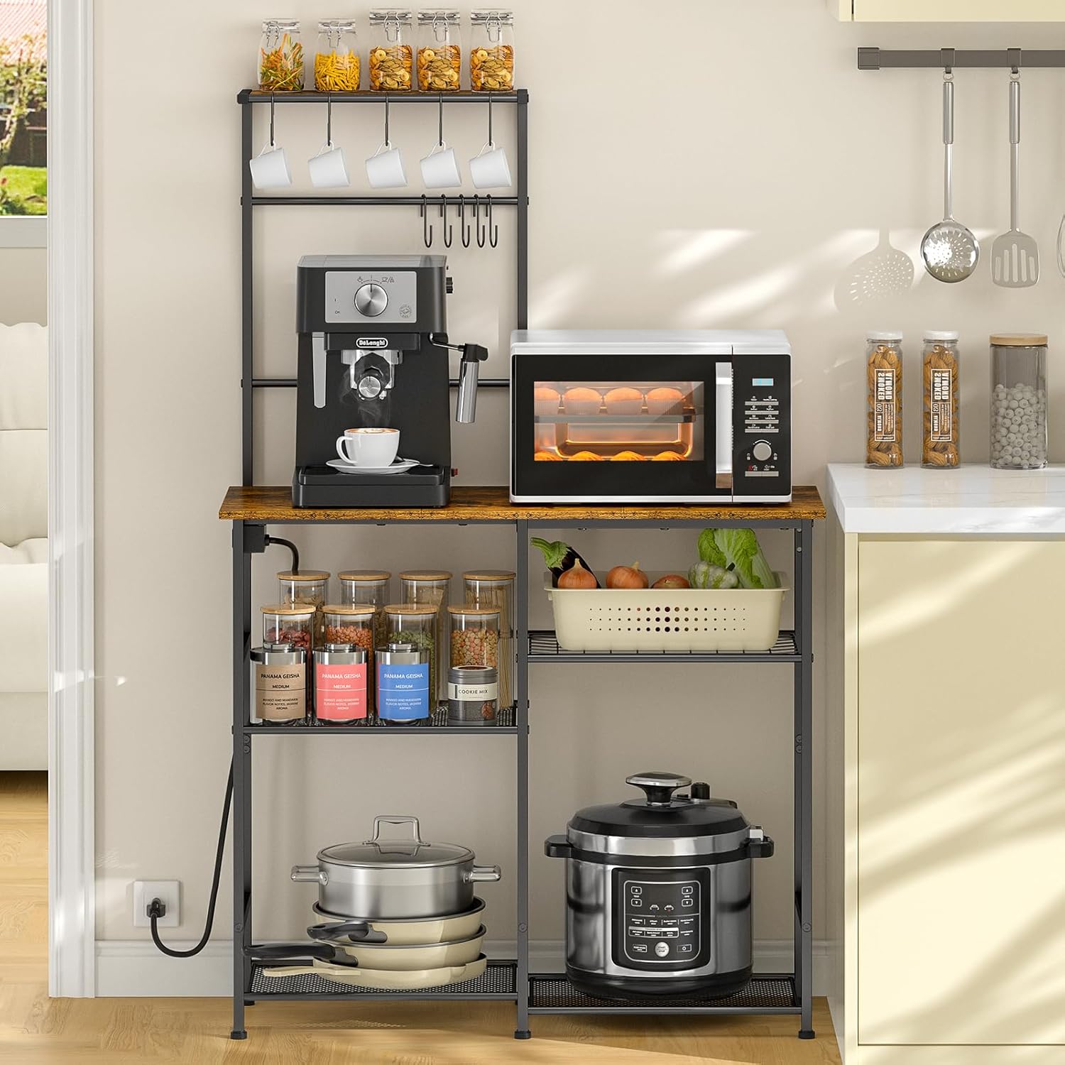 Rustic Brown Kitchen Rack: Power Outlet, 10 Hooks, 6-Tier Storage