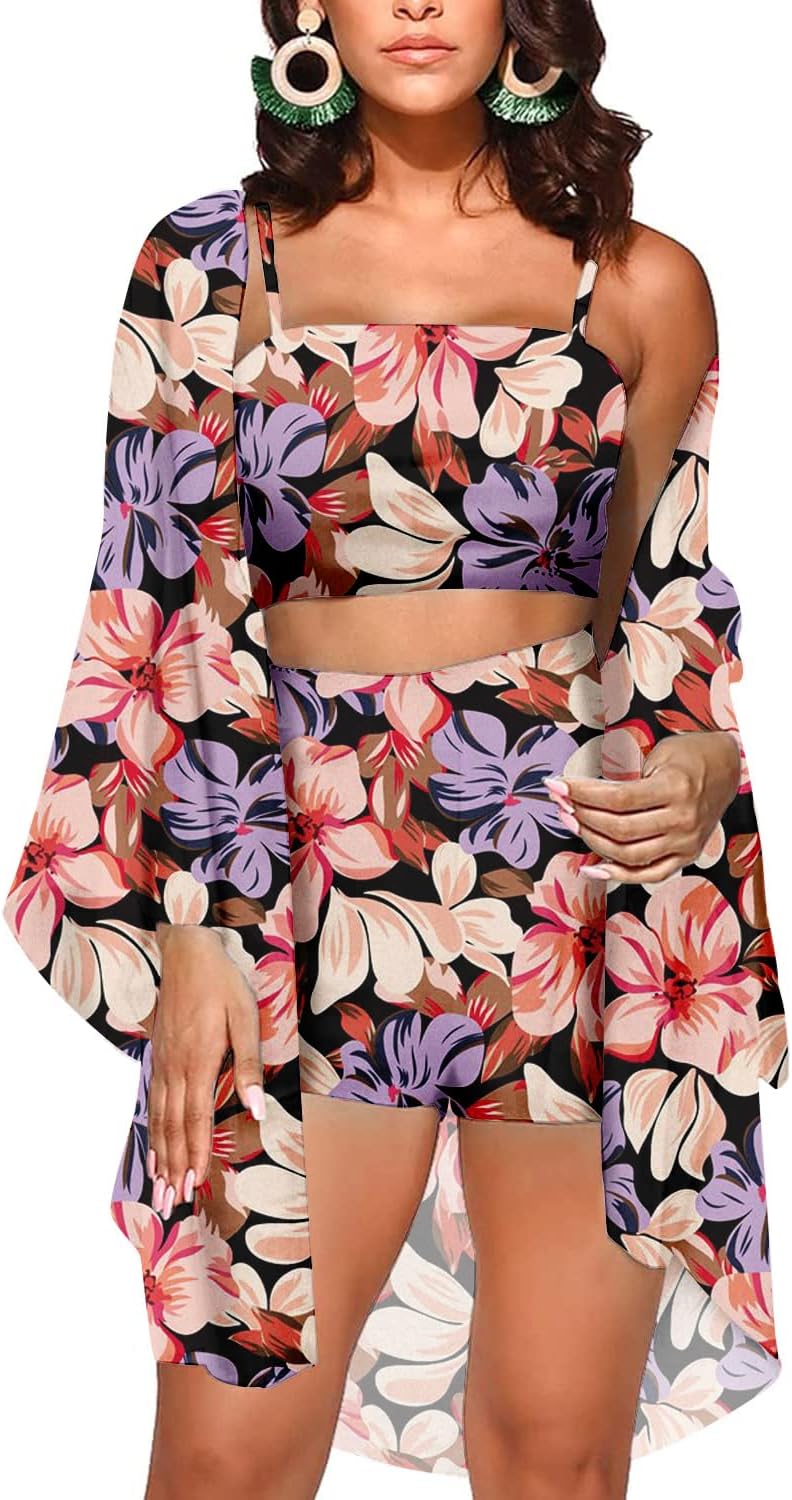 KEYUFANG Women 3 Piece Floral Kimono Summer Suit for Beach