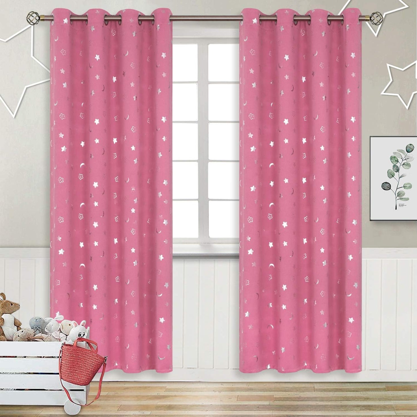Pink Blackout Curtains for Girls Bedroom with Stars and Moons