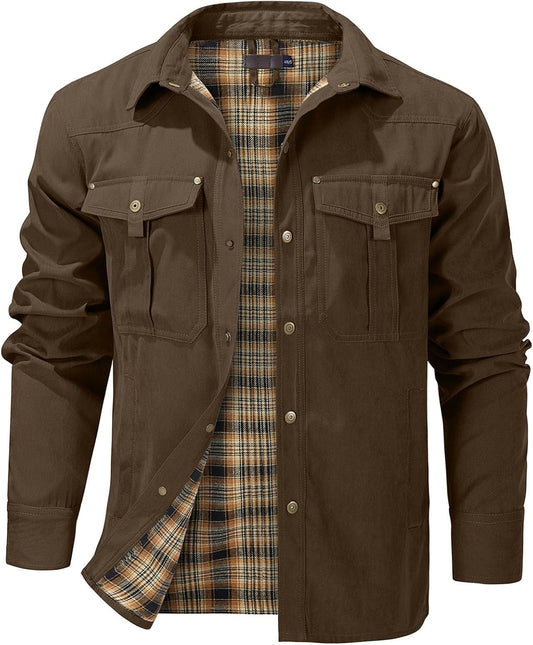 Flygo Mens Flannel Lined Shirt Jacket for Rugged Outdoor Style