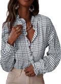 Plaid Ruffle V Neck Button Down Blouse - Classic Work-to-Weekend Top