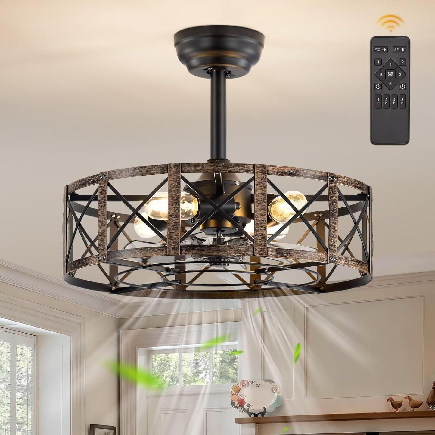 20 Inch Fandelier Caged Ceiling Fan with Lights and Remote Control