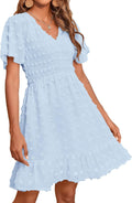 Womens Beach Vacation V Neck Smocked Swiss Dot Mini Dress - Flowy S=US