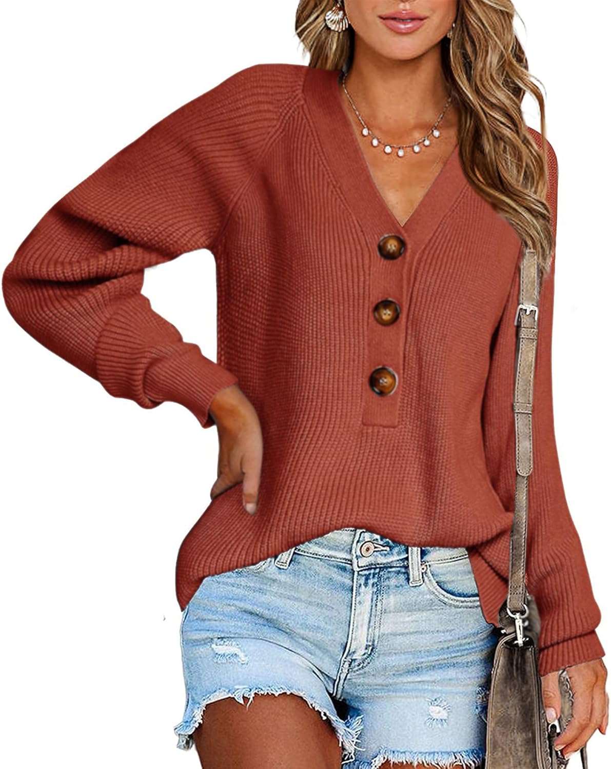 BTFBM Women Long Sleeve V Neck Button Down Sweater for 2023