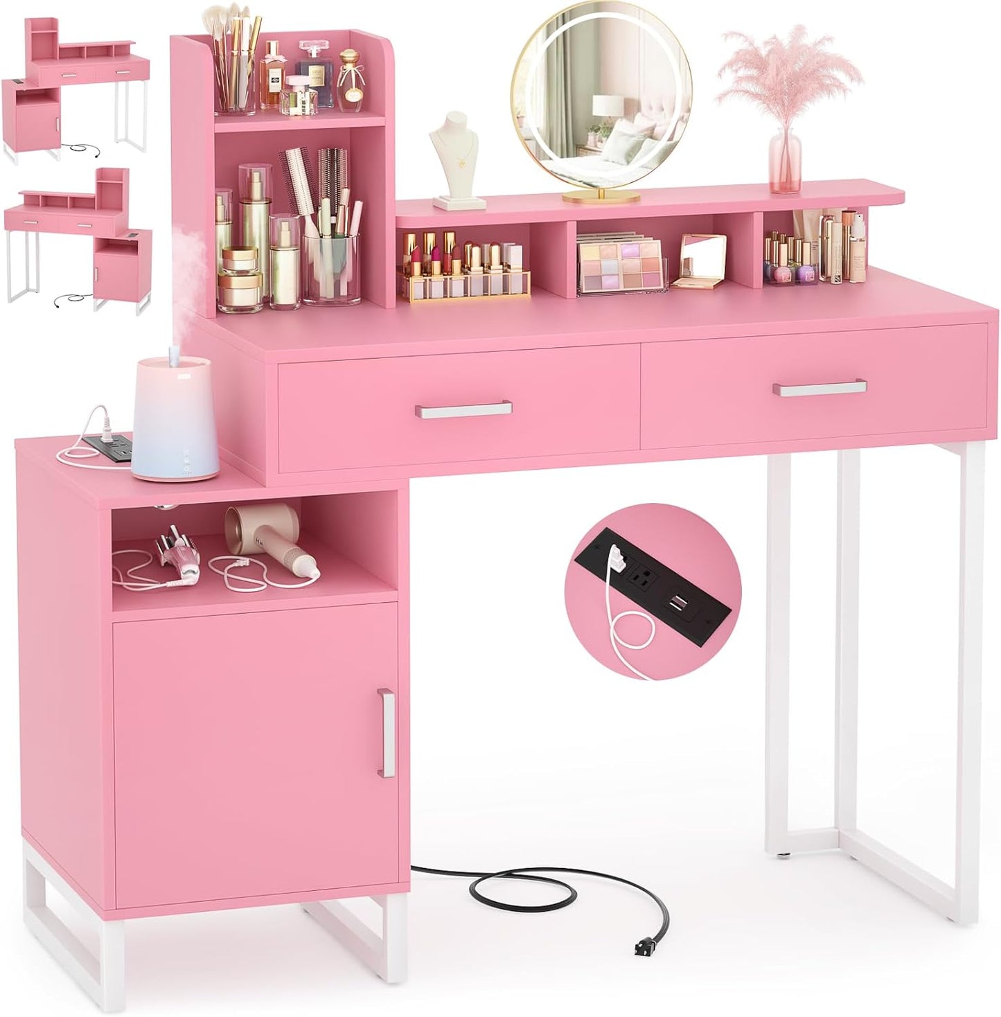 Pink Vanity Desk with Power Outlet - Besiost