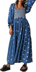 Chic Floral Embroidered Maxi Dress for Women with Puff Sleeves