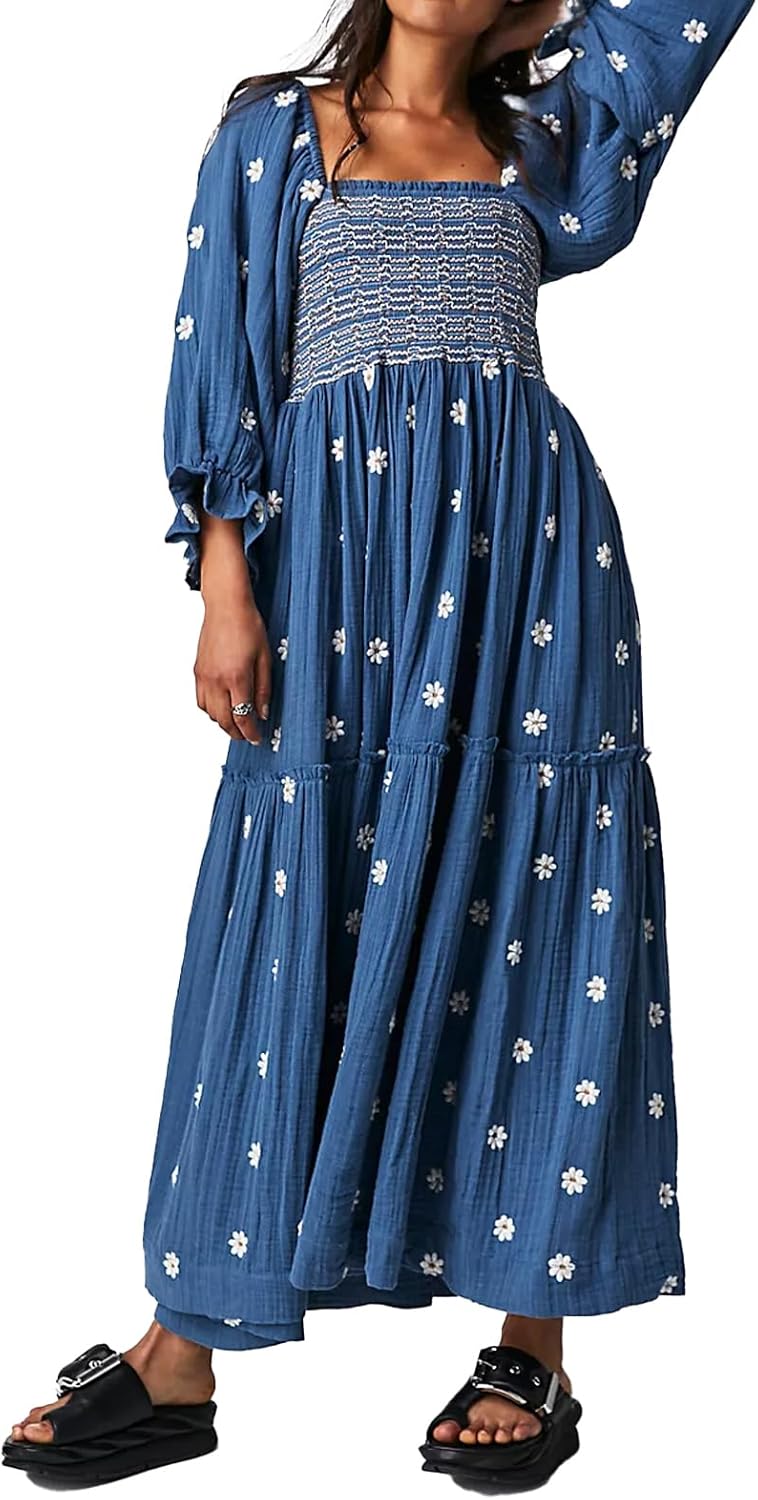 Women Floral Embroidered Maxi Dress with Puff Sleeves and Pockets
