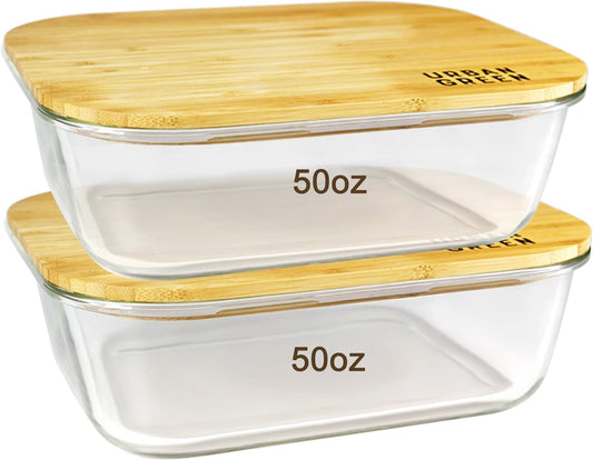 Large Glass Food Storage Container Set with Bamboo Lids - 50oz
