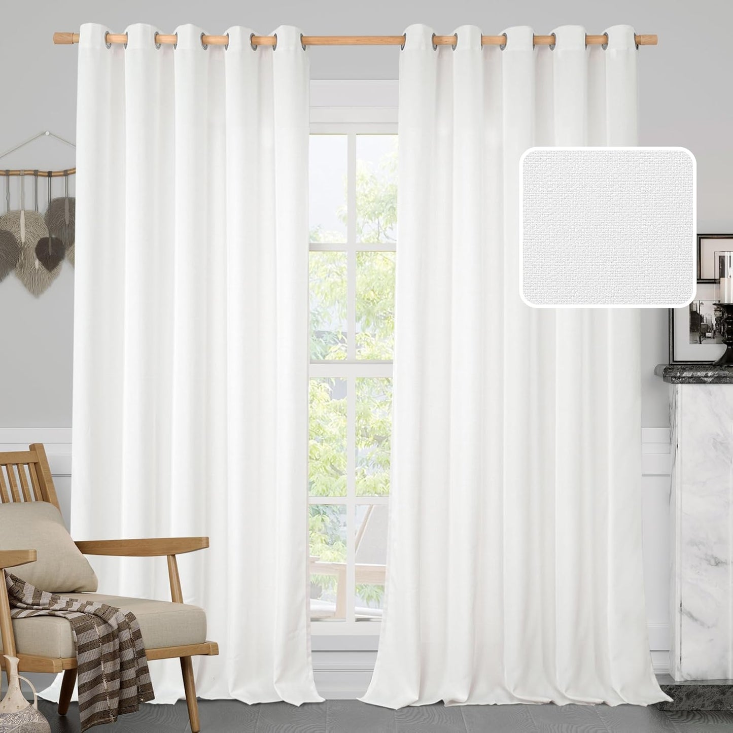 White Linen Curtains for Bedroom - Light Filtering Drapes Set of 2
