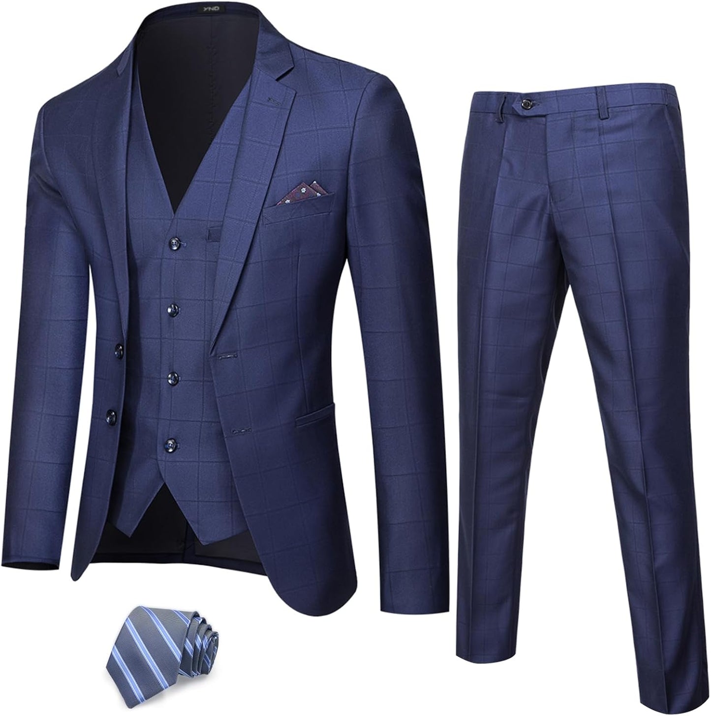 YND Men's 3 Piece Suit Set with Tie for Business and Weddings