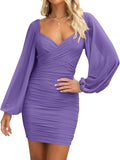 Fall Dresses for Women 2025 Cross V Neck Mesh Long Sleeve - Fitted