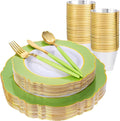 Green Plates Disposable Set 150pcs - Baroque Green and Gold Dinnerware