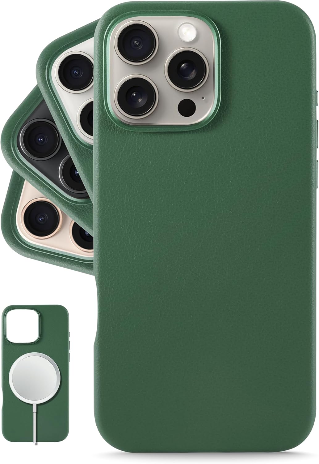 LONLI Classic Leather Case for iPhone 16 Pro - Green Elegance